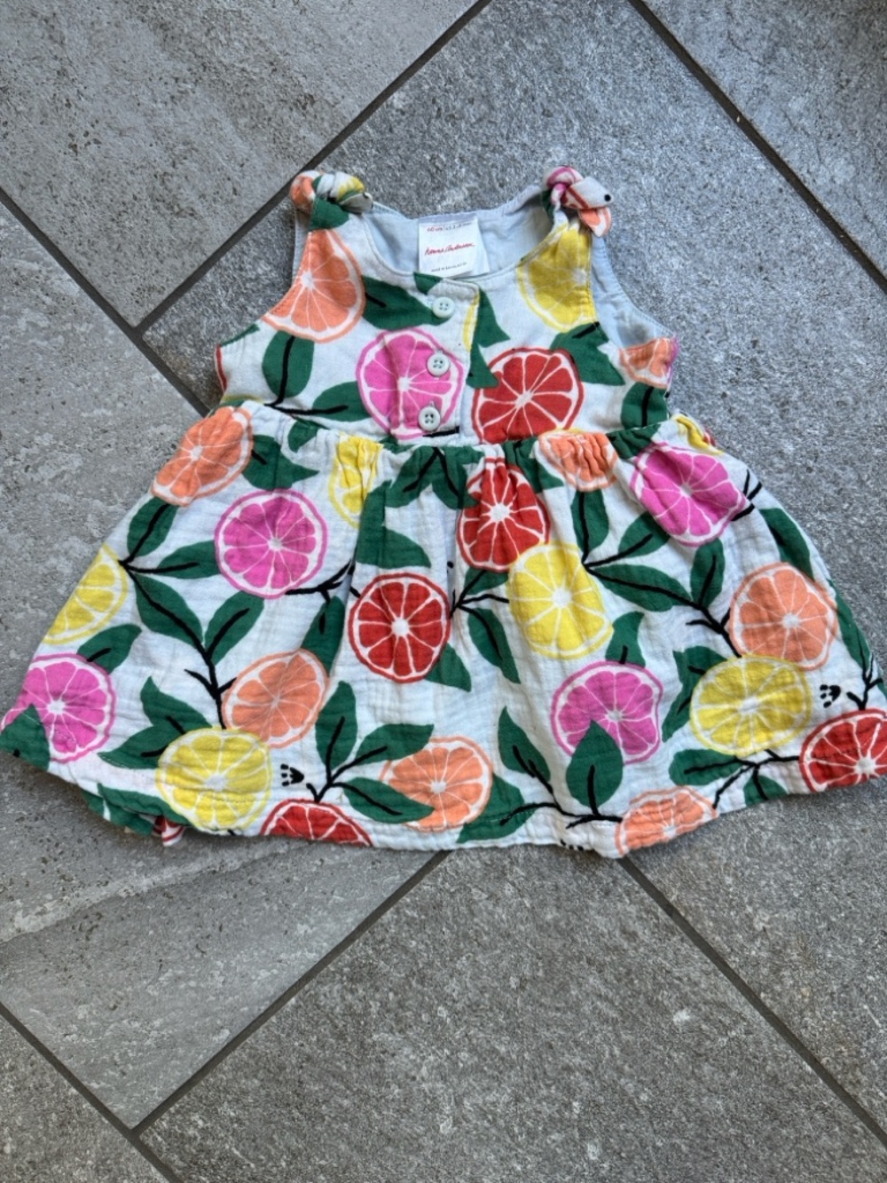 Hanna Andersson Zesty Citrus Baby Dress, Cotton Linen, Size 3-6 Months